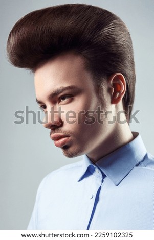 Side view portrait of handsome confident man with mustache and beard with retro classic elvis presley hairstyle, looking away, wearing blue shirt. Indoor studio shot isolated on gray background.