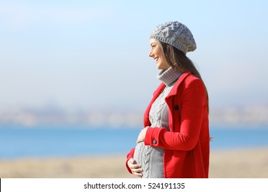 Side view portrait of a happy pregnant woman taking a walk on the beach in a sunny winter day - Powered by Shutterstock