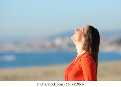 Side View Portrait Happy Woman Orange Stock Photo 1457110637 | Shutterstock