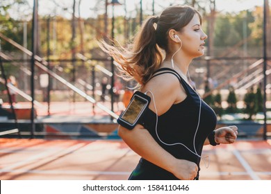 Side View Portrait A Lovely Plus Size Women Running In The Morning For Losing Weight.