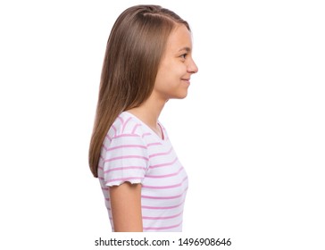 Side View Of Portrait Of Teen Girl, Isolated On White Background. Happy Child - Profile. Smiling Schoolgirl Looking Away. Back To School Concept.