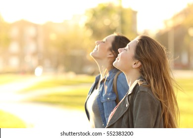 Side view portrait of two happy girls breathing fresh air together in a park at sunset with a warm back light in the background - Powered by Shutterstock