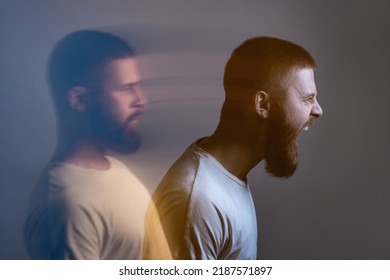 Side view portrait of two-faced man in calm serious and angry screaming expression. Different emotion inside and outside mood. Internally suffering, dissociative identity disorder. Double exposure.