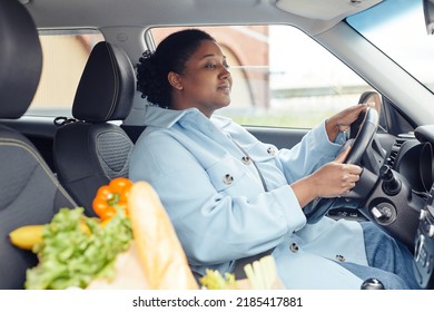 Side View Portrait Of Young Black Woman Driving Car With Grocery Bag In Foreground