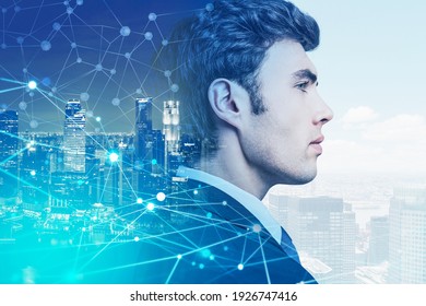 A side view portrait of a young businessman. A chart of neural network showing interconnections between business partners all over the world. New York city on background. Double exposure - Shutterstock ID 1926747416