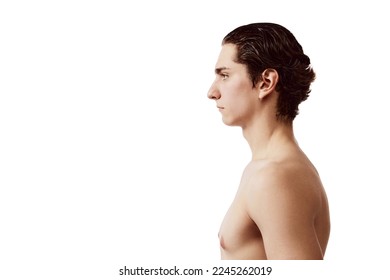 Side view portrait of young man with wet hair posing shirtless isolated over white background. Concept of male beauty, skincare, health, cosmetology, spa, body care. Copy space for ad - Powered by Shutterstock