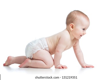 side view of pretty crawling baby