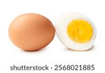 Side view of raw chicken egg and peeled cooked or boiled egg with egg yolk in half is isolated on white background with clipping path.