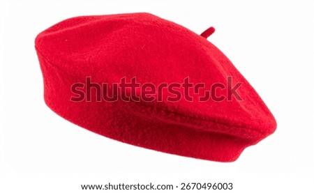 Side view of red beret hat with smooth texture . isolated on a white background. 