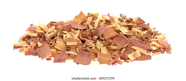 Side View Of Red Cedar Shavings Used For Pet Bedding Isolated On A White Background.