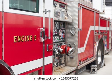 Side view of a red fire truck