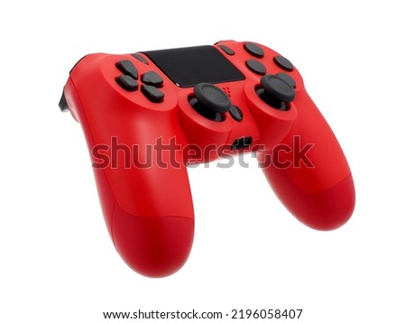 Side view, red joystick for gaming console, isolated on white background.
