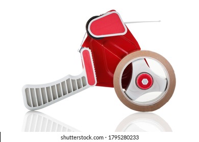 Side View Of A Red Parcel Tape Dispenser On White Background