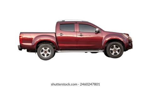 Side view of red pickup truck is isolated on white background with clipping path.