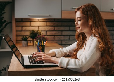 Side view of a red-haired businesswoman freelancer using the computer for distance work during the pandemic. Modern office interior. Internet technology. Online