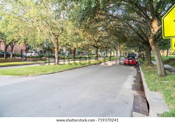 Side view of residential street covered by live\
oak arched tree branches at upscale neighborhood in Houston, Texas.\
Car parked side street, woman walks dog. America is excellent\
green, clean country