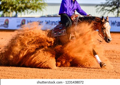 The side view of a rider in jeans, cowboy leather chaps and shirt on a reining horse slides to a stop in the red clay an arena.