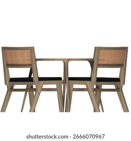 Side view of a round dining table made from white oak wood fin, 52 cm in diameter, designed to seat four people. Paired with chairs featuring woven rattan backs and black cushioned seats.