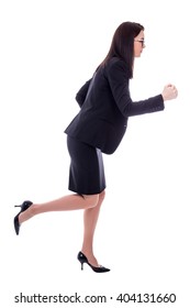 Side View Of Running Young Woman In Business Suit Isolated On White Background