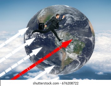 Side view of rushing young businessman with upward chart arrows and moon in the background. Leadership concept. 3D Rendering