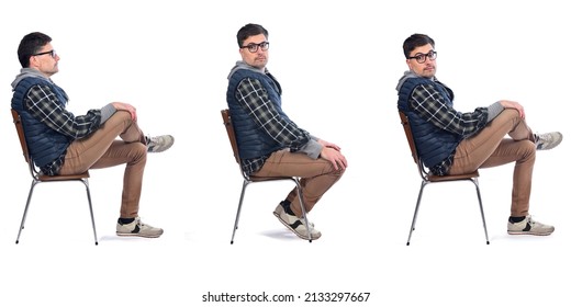 Side View Of Same Men Sitting On Chair On White Background