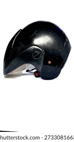 Side view of a scratched black open-face motorcycle helmet with a clear visor isolated on white background