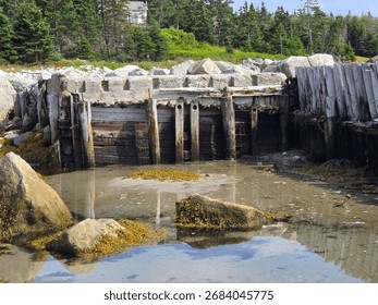 A side view of a section of old weathered wharf.