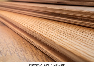 Side View, Selective Focus Of Light Engineered Hardwood Or Laminate Flooring Samples.