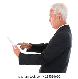 Side View Senior Adult Asian Chinese Boss Using Tablet Computer Standing Over White Background