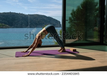 Side view of serene female in sportswear doing yoga in Adho Mukha Shvanasana on terrace on sunny day