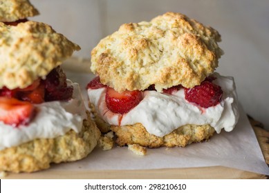 Side view of several freshly made strawberry shortcakes on parchment paper. 