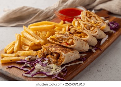 Side view shawarma pita roll with chicken and fried potatoes