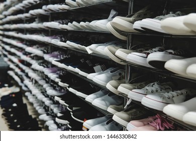 Side view of shoe store shelves with of lots of sneakers on sale. Low-budget comfortable footwear shopping. Unisex stylish teenager shoes. Rows of new runners in shoe shop. Stands of cheap trainers.