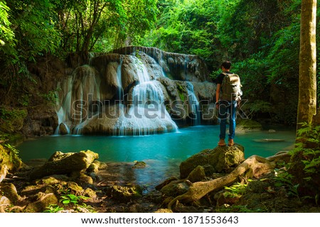 Similar – Image, Stock Photo Young hiker in river landscape