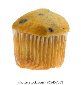 Side View Of A Single Bite Size Blueberry Muffin Isolated On A White Background.