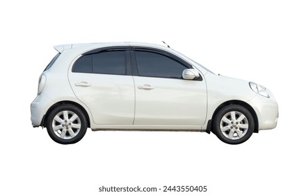 Side view of single small or mini white car is isolated on white backgroud with clipping path.