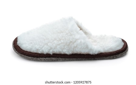 Side View Of Single White Fur Slipper Isolated On White