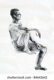 side view of sitting human charcoal drawing