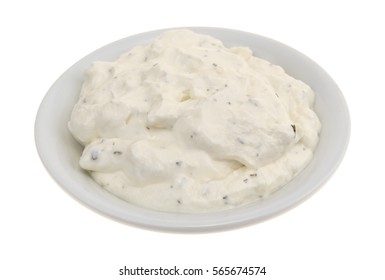 Side View Of  A Small Bowl Filled With Fresh French Onion Dip Isolated On A White Background.