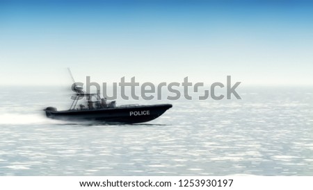 side view of special forces speed boat with painted city police sign and silhouette of policeman people team in black wear on board running waves across sea crime lifestyle chasing panorama background