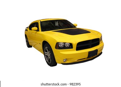 Side View Of A Sporty Yellow Car Isolated Over White