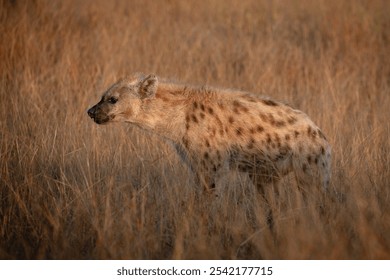 Side view of a spotted hyaena walking in long dry grass