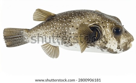 A side view of a spotted puffer fish, also known as a blowfish, isolated on a white background.