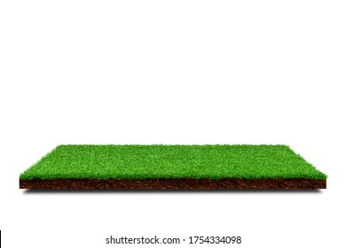 Side view of  Square artificial green grass covered brown soil ground isolated on white background.