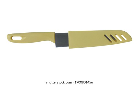 side view Stainless steel fruit sheath knife with yellow handle and yellow sheath on white background, object, copy space                              - Shutterstock ID 1900801456