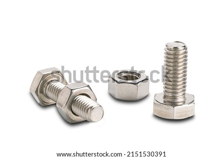 Side view of stainless steel  screws and nuts isolated on white background with clipping path.