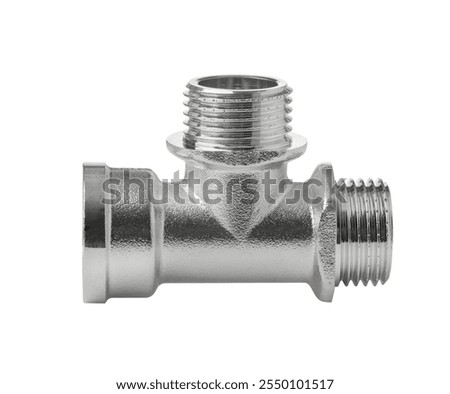 Side view of stainless steel threaded tee fitting isolated on white