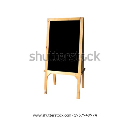 Side view Stand blackboard background and wooden frame, Or used for attaching pictures in an exhibition, teach student learning, picture frame, information menu board in restuarant or cafe. 