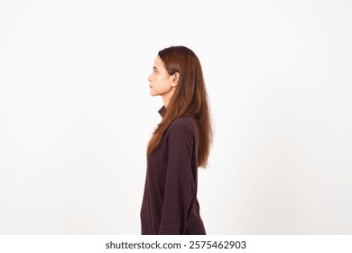 Side view standing with serious face Of Beautiful Asian Woman Isolated On White Background