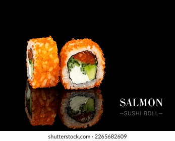 Side view of sushi roll pieces with mirror reflection on black background. roll with salmon, cream cheese, cucumber, avocado and caviar on top. Ready menu advertising banner with text and copy space - Powered by Shutterstock